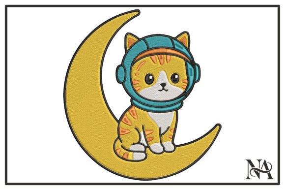 Astronaut Cat Moon Embroidery Design
