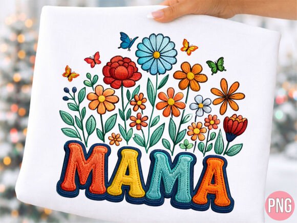Mama Retro Floral Embroidery Art PNG