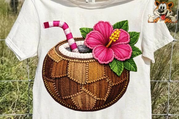 Tropical Coconut Drink Embroidery PNG